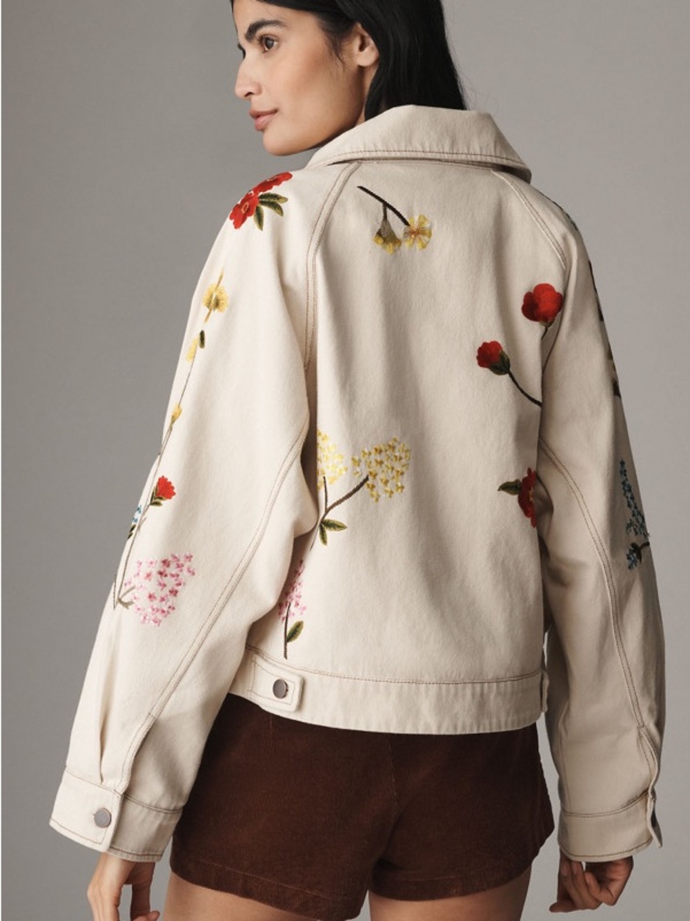 Anthropologie Cream Embroidered Jean Jacket with Floral Motifs - Picture 2 of 2